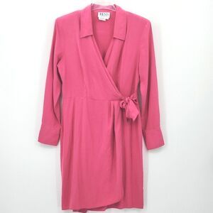 Vintage Tess Wrap Silk Dress Women Size 8 Pink Shoulder Pad Feminine Work Office